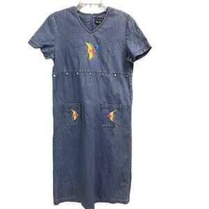 VTG Denim Maxi Dress Size Medium Petite Tropical Fish Cottagecore Embroidered